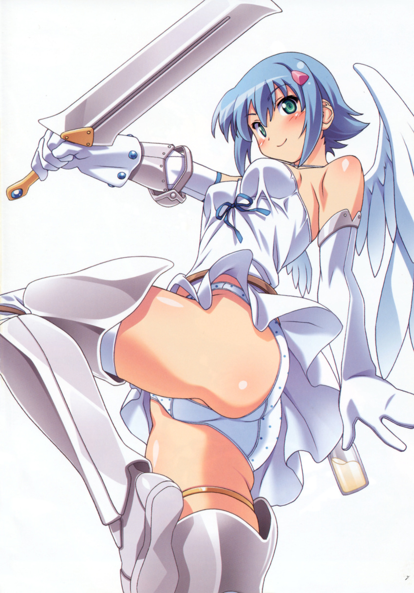 absurdres angel angel_wings aqua_eyes armor ass asymmetrical_wings bare_shoulders belt blue_hair blush body_blush boots breasts dress elbow_gloves flipped_hair from_below from_side gem gloves greaves hair_ornament hairclip highres holding jar kuuchuu_yousai leg_lift looking_at_viewer loose_belt medium_breasts mini_wings nanael number official_art outstretched_arm page_number panties pantyshot polka_dot polka_dot_panties queen's_blade ribbon scan short_dress short_hair sideboob smile solo strap_gap sword thigh_boots thighhighs thighlet underwear upskirt vambraces weapon white_dress white_gloves white_panties wings