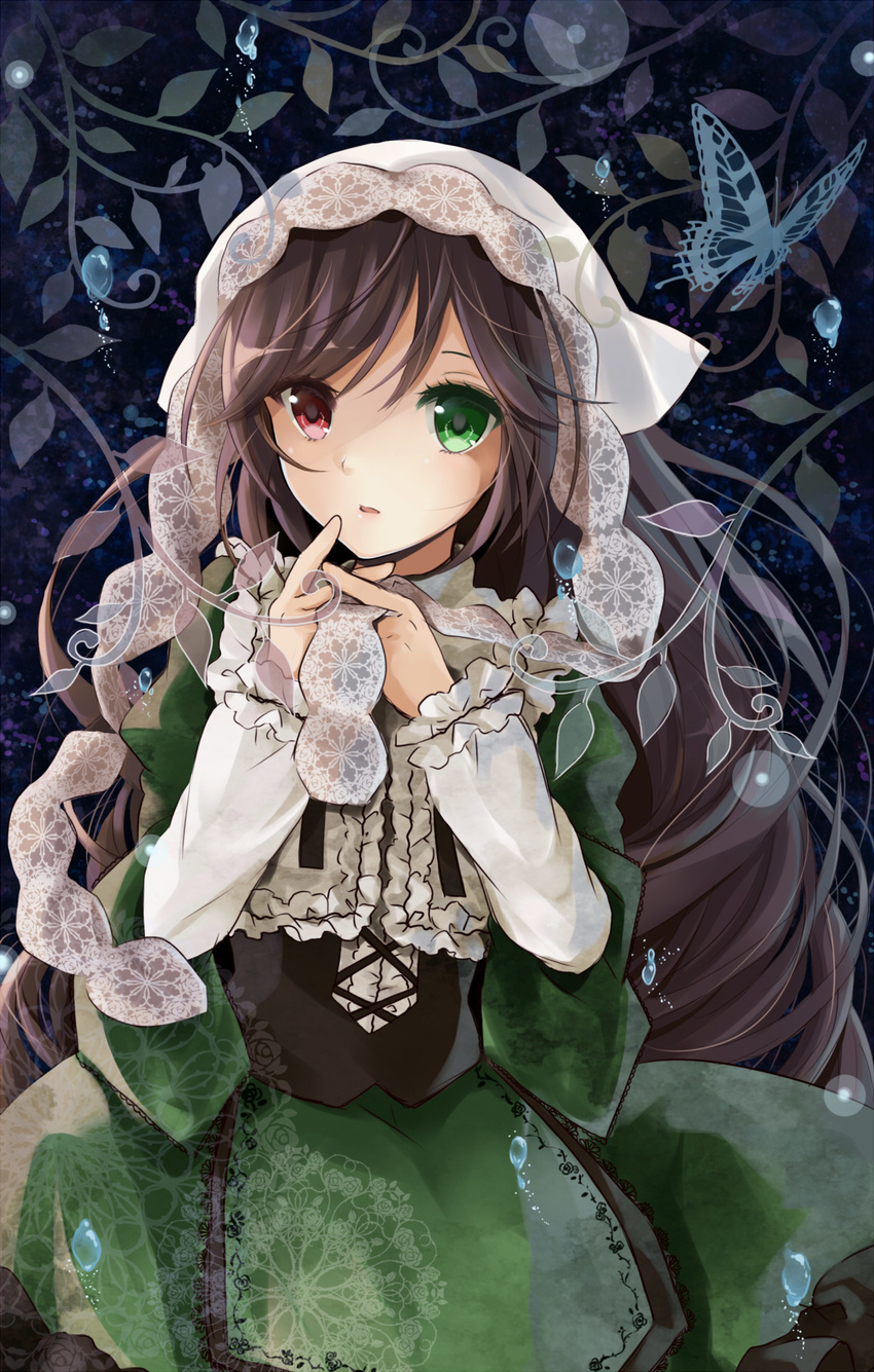 bonnet brown_eyes bug butterfly corset dress green_dress heterochromia highres insect lolita_fashion long_hair long_sleeves looking_at_viewer plant puracotte rozen_maiden shirt short_over_long_sleeves short_sleeves solo suiseiseki very_long_hair vines