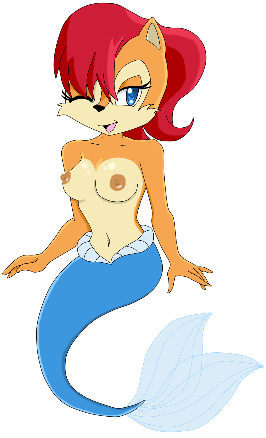 acorn areola black_nose blue_eyes breasts chipmunk female fish_tail fur hair hybrid invalid_tag mammal matsurika mermaid nipples no_feet nude one_eye_closed open_mouth orange_fur plain_background red_hair rodent sally sally_acorn sega simple_background solo sonic_(series) topless white_background wink
