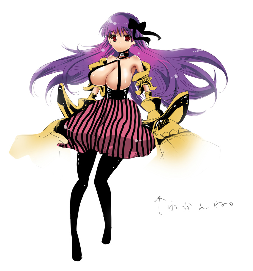 black_legwear breasts fate/extra fate/extra_ccc fate_(series) hair_ribbon highres huge_breasts long_hair pantyhose passion_lip purple_eyes purple_hair red_eyes ribbon solo very_long_hair yu_(13377)