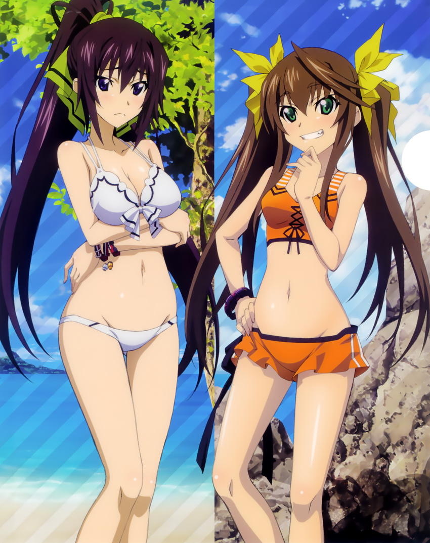 absurdres ass_visible_through_thighs bare_shoulders beach bikini blue_sky blush bracelet breast_hold breasts brown_hair cleavage day fixed green_eyes grin groin hand_on_hip hashimoto_takayoshi high_ponytail highres huang_lingyin infinite_stratos jewelry knees long_hair medium_breasts multiple_girls navel official_art outdoors ponytail purple_eyes purple_hair scan shinonono_houki sky smile split_ponytail swimsuit tankini thigh_gap thighs twintails very_long_hair white_bikini wristband