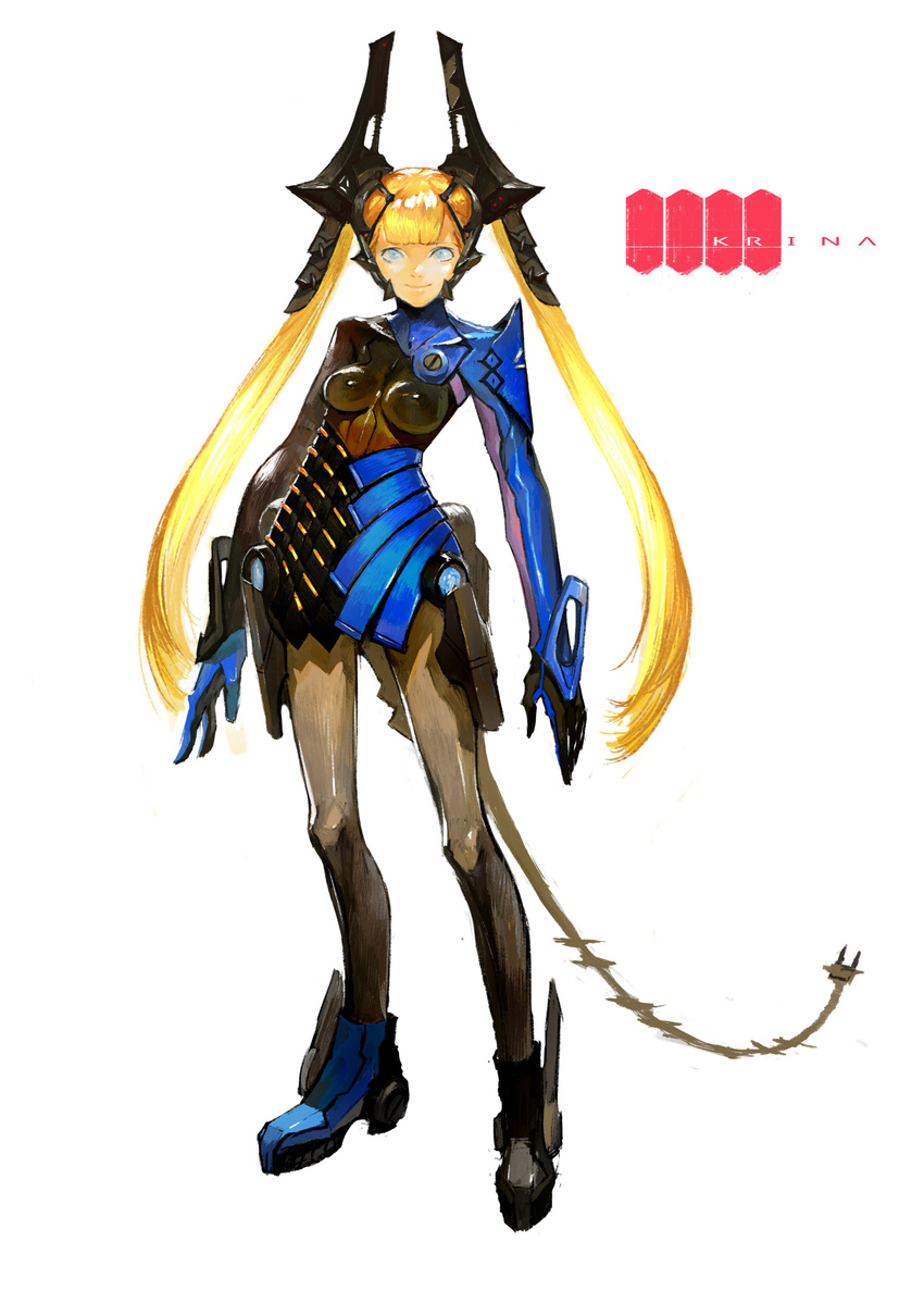 absurdres ankle_wings blonde_hair blue_eyes breasts catsila character_name electric_plug faulds headgear highres krina long_hair medium_breasts original pantyhose skin_tight smile tail twintails
