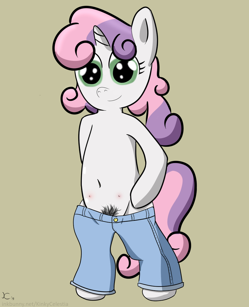 clothing equine female friendship_is_magic fur green_eyes hair horn horse jeans kinkycelestia mammal my_little_pony plain_background pony pubes smile solo standing sweetie_belle_(mlp) teats two_tone_hair unicorn white_fur
