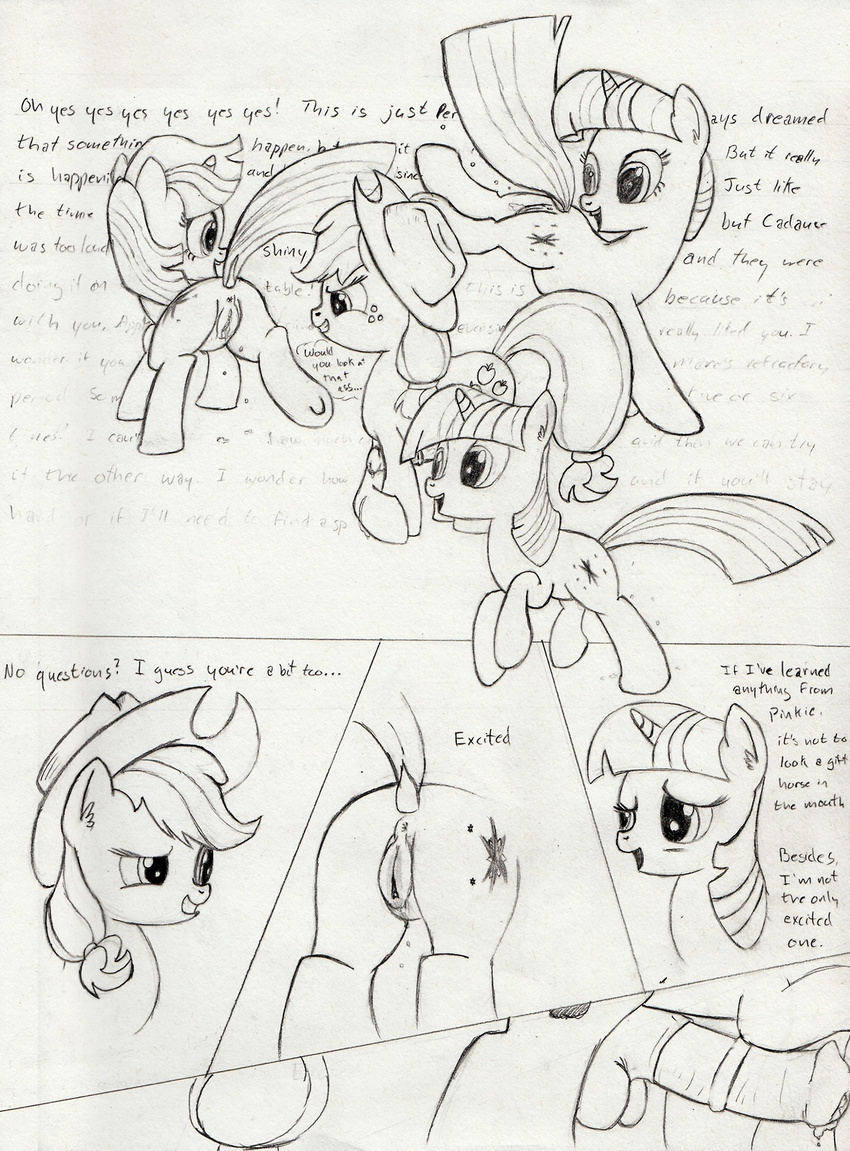 anus applejack_(mlp) comic cowboy_hat cum cutie_mark dialog dickgirl dripping duo english_text equine erection female feral freckles friendship_is_magic hat horn horse intersex kitsuneymg mammal monochrome my_little_pony penis pony precum pussy pussy_juice text twilight_sparkle_(mlp) unicorn wall_of_text
