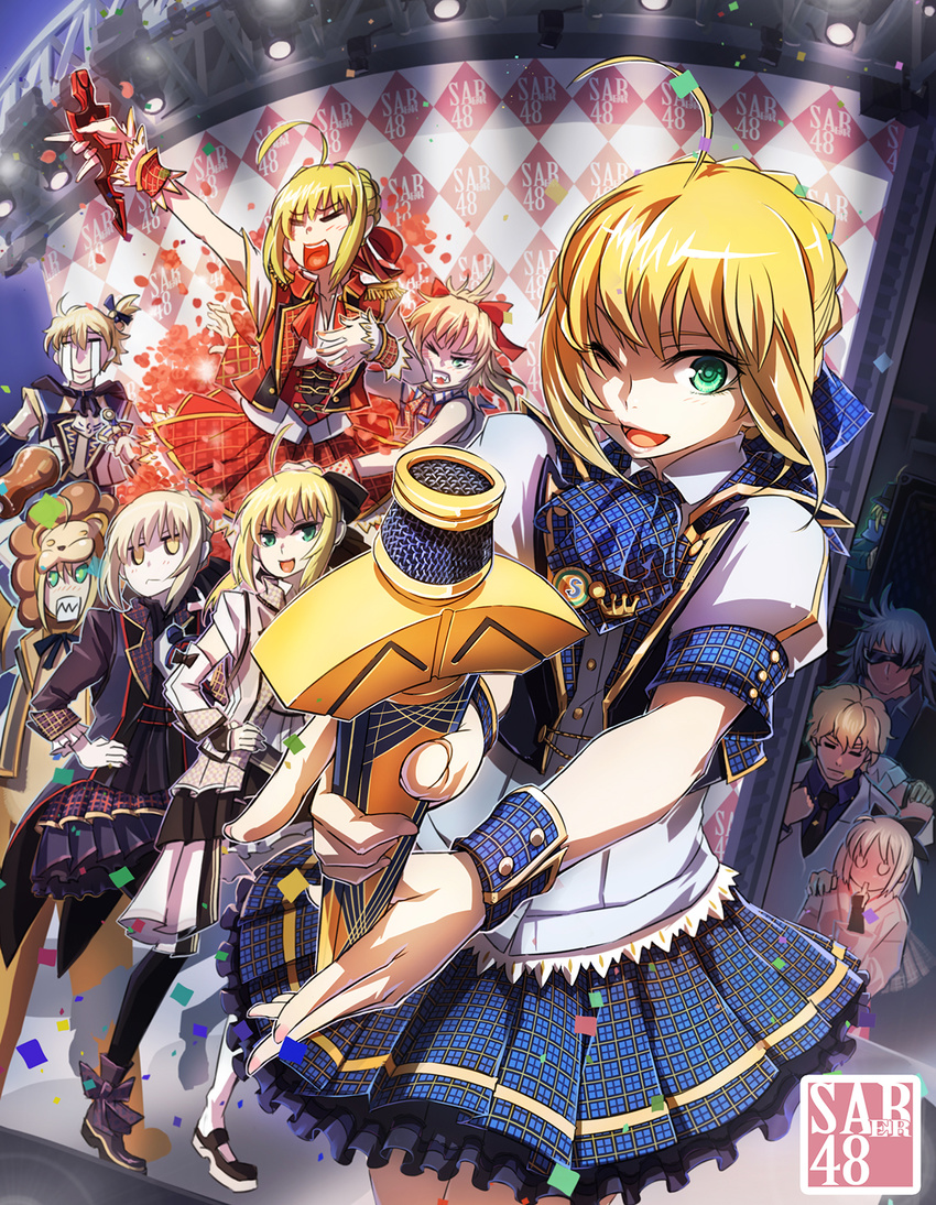 6+girls :d aestus_estus ahoge alternate_costume animal_costume arthur_pendragon_(fate) artoria_pendragon_(all) avalon_(fate/stay_night) baseball_cap black_legwear blonde_hair bow closed_eyes coat confetti crying epaulettes excalibur fate/apocrypha fate/extra fate/extra_ccc fate/prototype fate/stay_night fate/tiger_colosseum fate/unlimited_codes fate/zero fate_(series) finger_to_mouth formal frown gawain_(fate/extra) green_eyes hair_bow hair_ribbon hand_on_hip hat highres holding jacket japanese_clothes kimono koha-ace lion_costume long_hair microphone mordred_(fate) mordred_(fate)_(all) multiple_boys multiple_girls mysterious_heroine_x necktie nero_claudius_(fate) nero_claudius_(fate)_(all) o_o okita_souji_(fate) okita_souji_(fate)_(all) one_eye_closed open_mouth pantyhose platinum_blonde_hair ribbon rojiura_satsuki:_chapter_heroine_sanctuary saber saber_alter saber_lily saber_lion sharp_teeth shoes short_hair siegfried_(fate) skirt smile stage stage_lights suit sunglasses tears teeth todee track_jacket type-moon white_hair white_legwear wrist_cuffs yellow_eyes