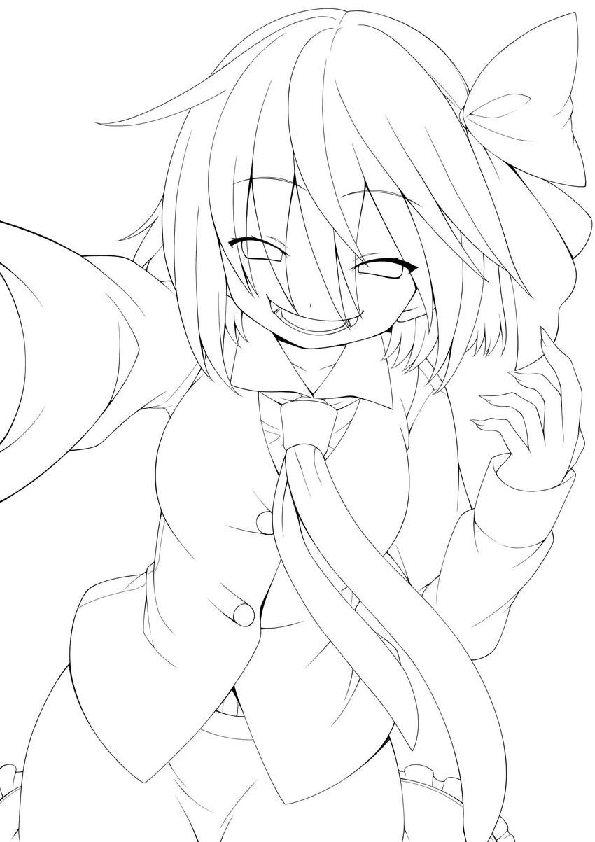 eichi_yuu greyscale highres lineart looking_at_viewer monochrome open_mouth rumia short_hair smile solo touhou