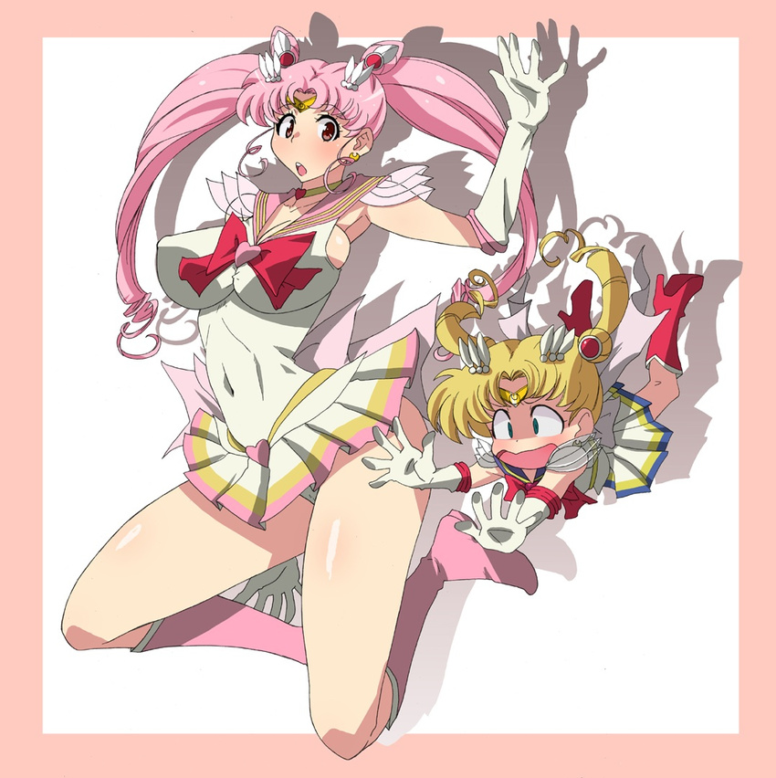 2girls age_difference bishoujo_senshi_sailor_moon blonde_hair blush boots breasts character_request chibi_usa falling kunifuto large_breasts multiple_girls panties pantyshot pink_hair role_reversal sailor_chibi_moon sailor_moon tripping tsukino_usagi twintails underwear wavy_mouth