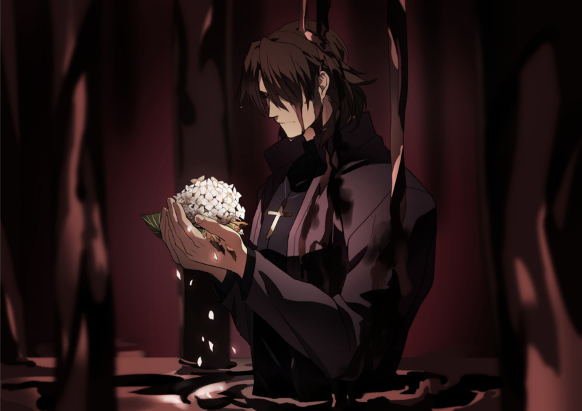 brown_hair cross cross_necklace fate/stay_night fate_(series) flower hydrangea jewelry kon_manatsu kotomine_kirei male_focus mud necklace partially_submerged solo