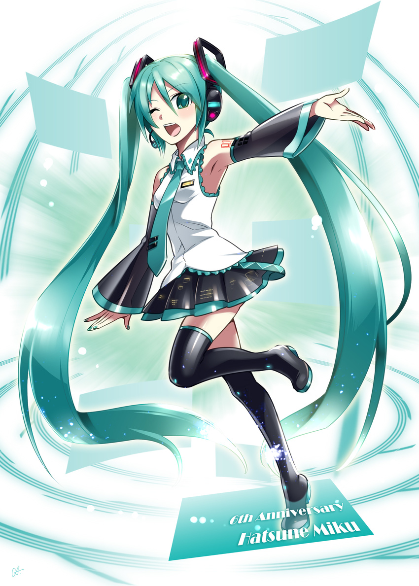 absurdres armpits boots caffein character_name detached_sleeves green_eyes green_hair hatsune_miku hatsune_miku_(vocaloid3) headset highres long_hair necktie one_eye_closed open_mouth outstretched_arm skirt solo thigh_boots thighhighs twintails very_long_hair vocaloid