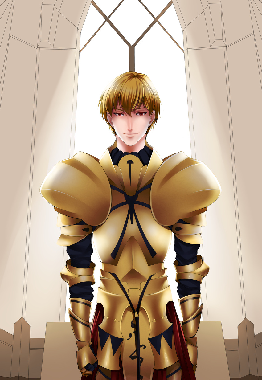 absurdres armor bad_id bad_pixiv_id blonde_hair fate/stay_night fate_(series) gilgamesh highres male_focus netsugumi red_eyes solo window