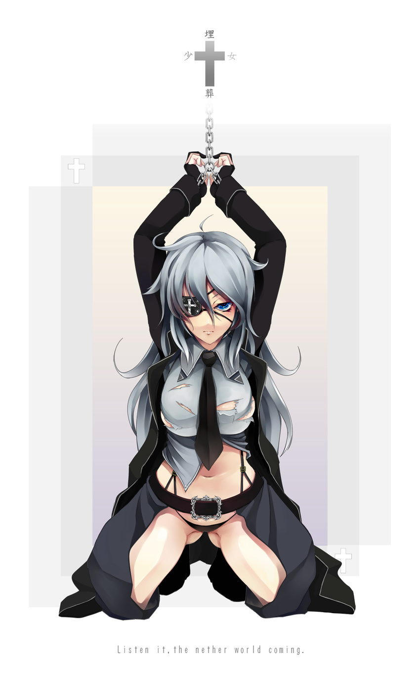 1girl black_panties blue_eyes breasts chains coat cross eyepatch kageshio_(276006) large_breasts long_hair necktie panties prisoner restrained silver_hair solo torn_clothes underwear