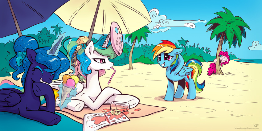 beach beach_umbrella blue_feathers blue_fur blue_hair bow bush cloud drink equine eyes_closed female feral friendship_is_magic frisbee fur glass glowing group hair horn horse ice_cream karol_pawlinski laugh lemon levitation lying magazine magic mammal monochrome multi-colored_hair my_little_pony nervous outside palm_tree pegasus pink_fur pink_hair pinkie_pie_(mlp) pony princess_celestia_(mlp) princess_luna_(mlp) purple_eyes rainbow_dash_(mlp) rainbow_hair scared sea seaside sky straw towel umbrella water white_feathers white_fur winged_unicorn wings