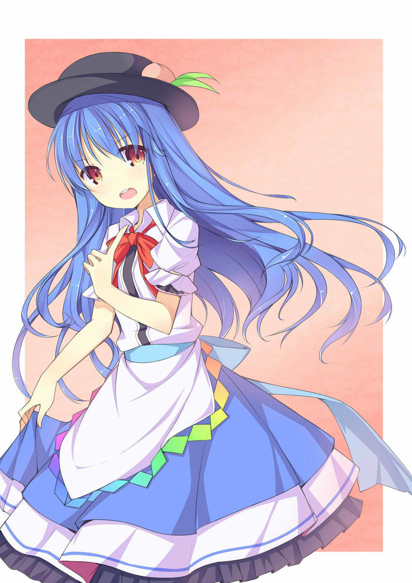 amemiya_ruki blue_hair cowboy_shot food fruit hat highres hinanawi_tenshi long_hair looking_at_viewer open_mouth outside_border peach pointing red_eyes solo touhou