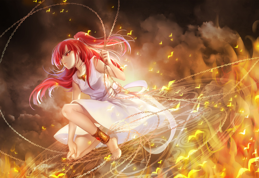 ankle_cuffs anklet barefoot chain dress fire highres huazha01 jewelry long_hair magi_the_labyrinth_of_magic morgiana one_side_up red_eyes red_hair solo