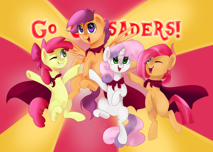 apple_bloom_(mlp) babs_seed_(mlp) bow cape cheer cutie_mark_crusaders_(mlp) english_text equine female feral fikakorv freckles friendship_is_magic green_eyes group hair horn horse mammal my_little_pony one_eye_closed pegasus pink_hair pony purple_eyes red_hair scootaloo_(mlp) sweetie_belle_(mlp) text two_tone_hair unicorn wings wink young