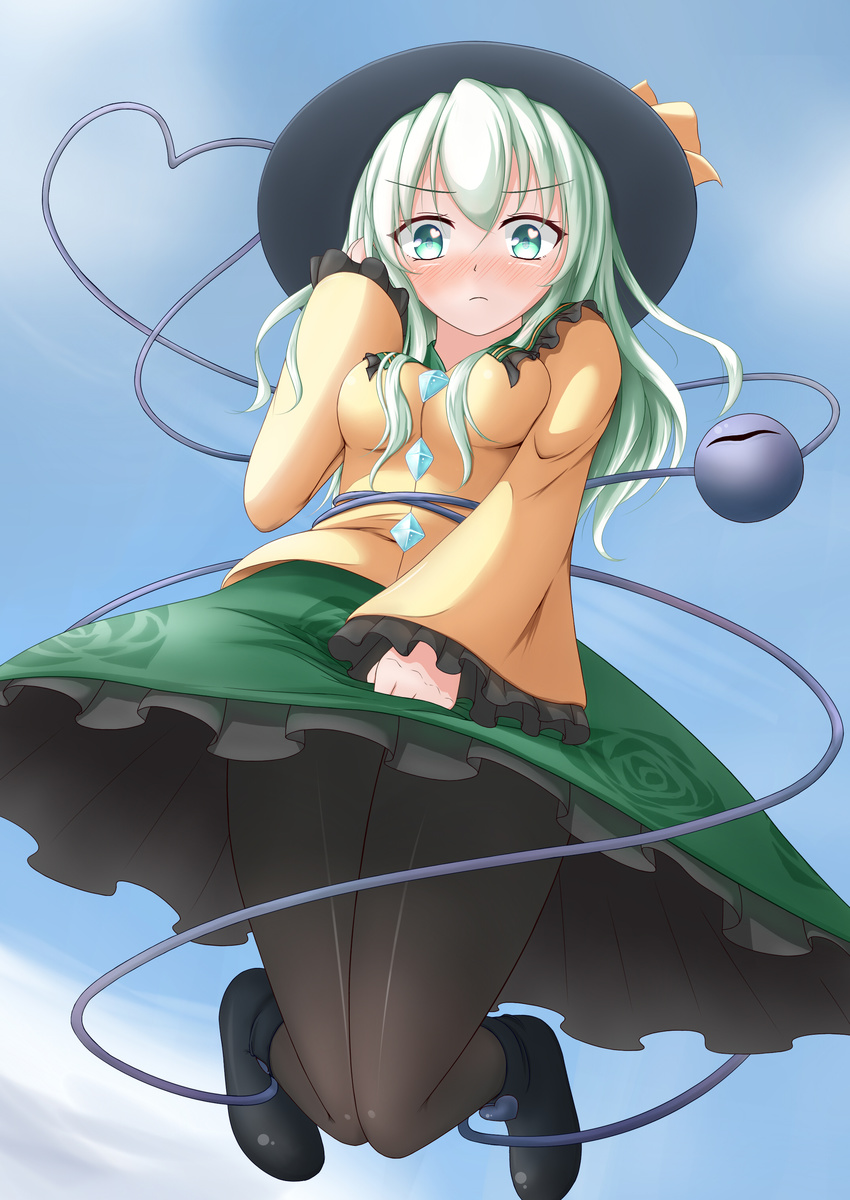 absurdres alternate_hair_length alternate_hairstyle ankle_boots aqua_eyes aqua_hair black_legwear blouse blue_sky blush boots breasts chocolatemint_(0629gwcs) cloud day from_below frown hand_in_hair hat hat_ribbon heart heart_of_string highres jumping komeiji_koishi legs_up long_hair looking_at_viewer medium_breasts pantyhose ribbon skirt skirt_hold sky solo third_eye touhou upskirt