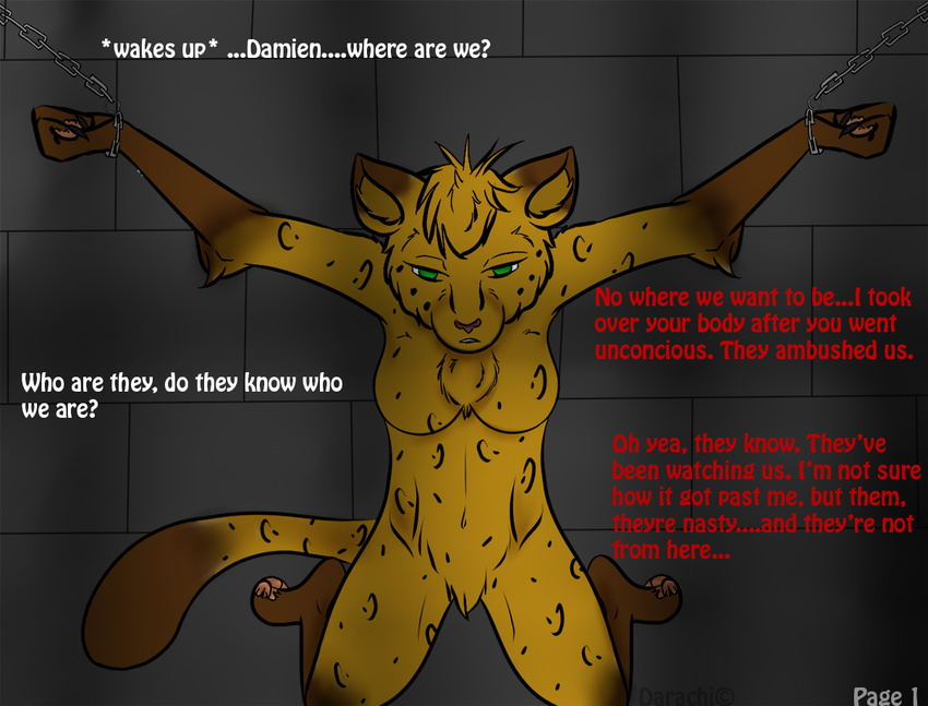 black_fur bound breasts captured chain chest_tuft damien darachi dialog digitigrade elbow_tuft english_text feline female fur green_eyes half-closed_eyes kneeling leopard looking_down mammal markings nude paws pubes socks_(marking) solo text tired tuft yellow_fur