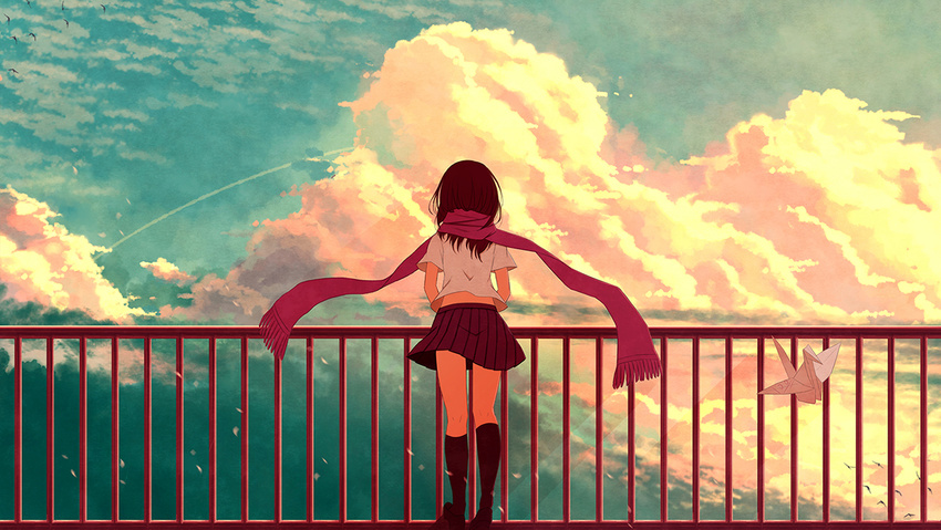 aya_(star) black_hair cloud from_behind kagerou_project long_hair origami paper_crane railing red_scarf rooftop scarf school_uniform sky solo tateyama_ayano toumei_answer_(vocaloid)