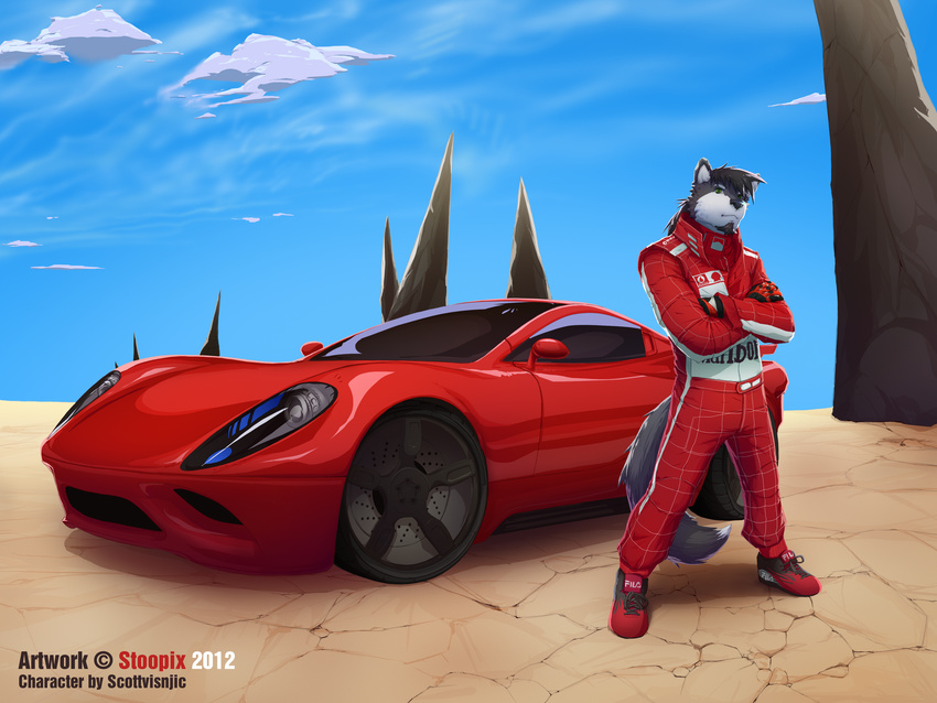 anthro beard canine car desert facial_hair ferrari green_eyes male mammal pilot scott_visnjic solo stoopix vehicle wolf