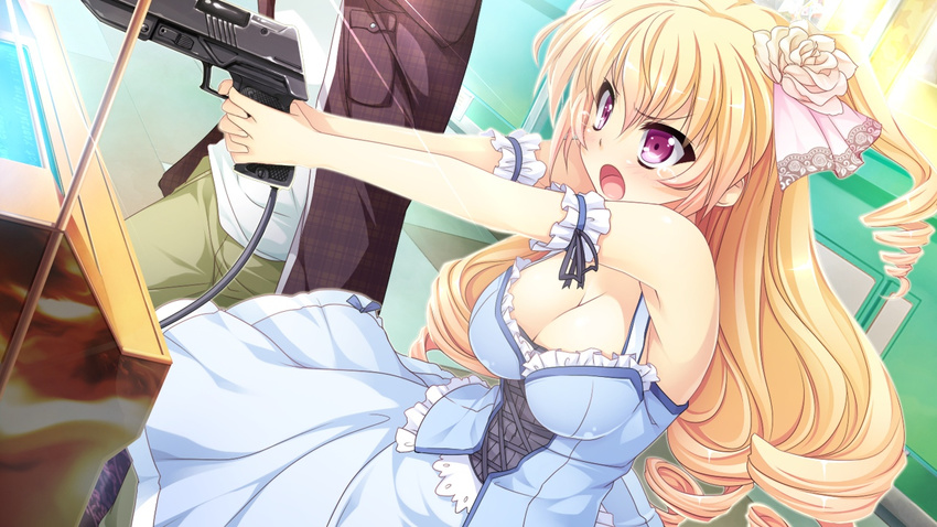 1girl arcade bare_shoulders blonde_hair blush breasts cleavage dress drill_hair game_cg girls_be_ambitious! gun hair_ornament highres large_breasts long_hair misasagi_elena open_mouth pink_eyes standing tears tongue weapon
