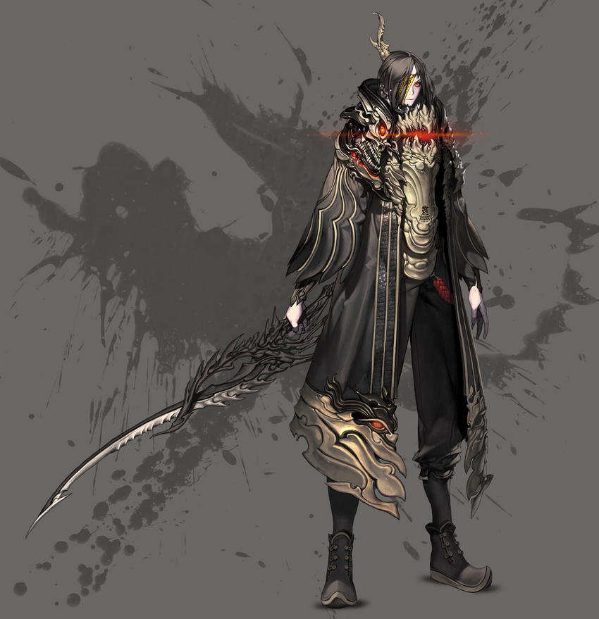 armor black_hair blade_&amp;_soul highres kim_hyung_tae male_focus purple_skin red_eyes solo talisman weapon