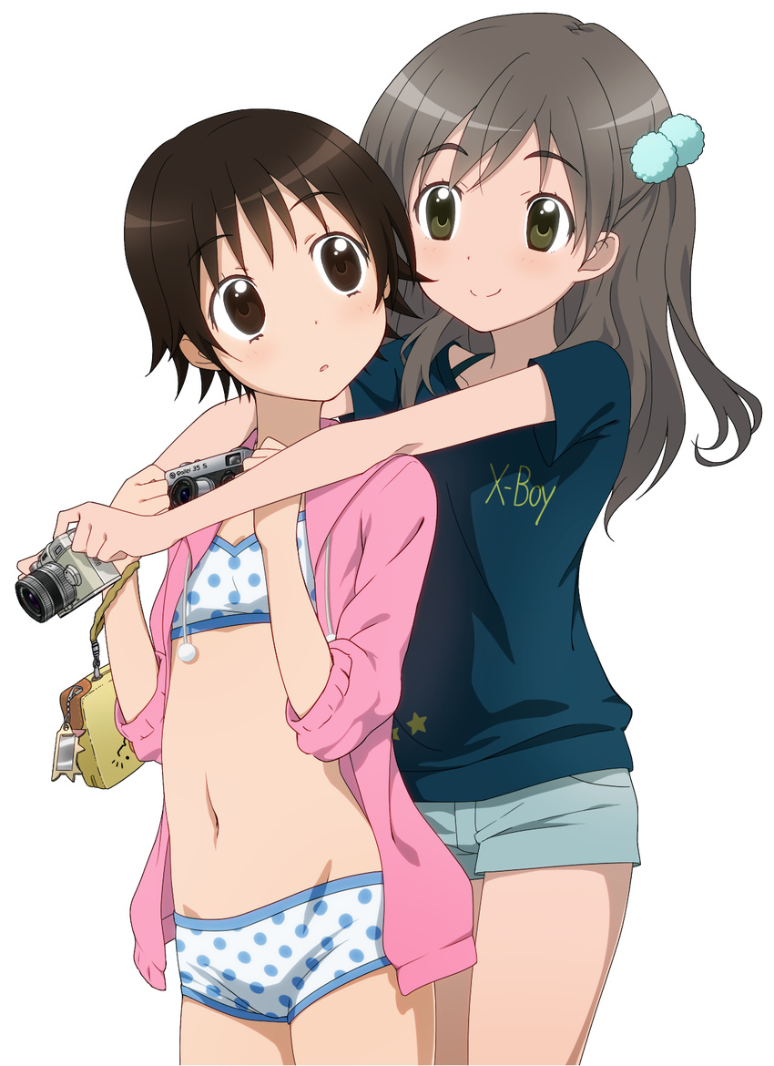 :o bikini black_eyes black_hair blush camera green_eyes grey_hair highres hug hug_from_behind long_hair looking_back midiman mitani_kanae multiple_girls navel polka_dot polka_dot_bikini polka_dot_swimsuit sawatari_fuu shirt short_hair shorts smile swimsuit t-shirt tamayura transparent_background