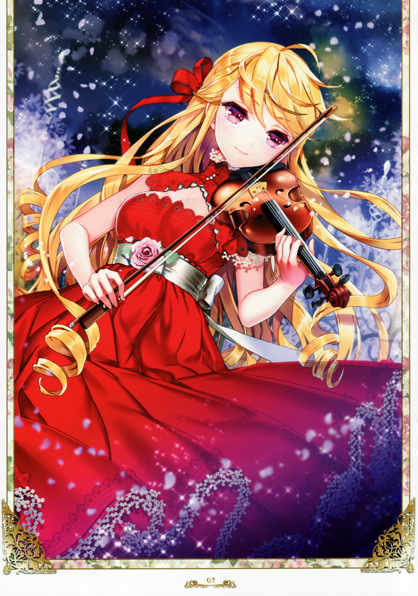 absurdres ahoge bangs belt blonde_hair breasts cinia_pacifica cleavage cocoon_(loveririn) detached_collar dress drill_hair flower hair_ribbon highres huge_filesize instrument long_hair medium_breasts music night outdoors petals pink_eyes pink_flower pink_rose playing_instrument pleated_dress red_dress ribbon rose smile snow solo swept_bangs sword_girls very_long_hair violin