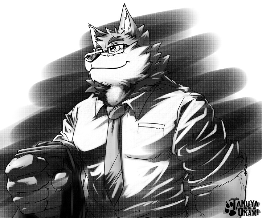 canine clothed clothing cup dress_shirt eyewear front_view glasses half-length_portrait male mammal mr._wolf_(takemoto_arashi) necktie portrait shirt smile solo timberwolfmax wolf