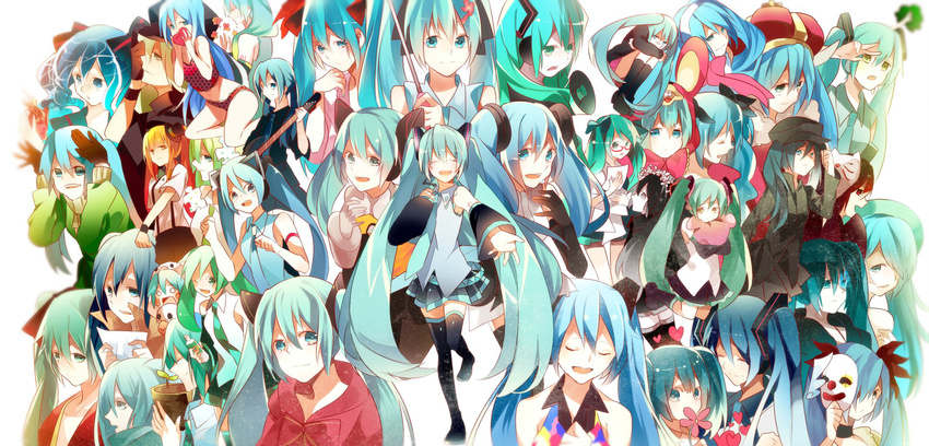 artist_request detached_sleeves green_eyes green_hair hatsune_miku highres koi_wa_sensou_(vocaloid) long_hair matryoshka_(vocaloid) multiple_persona rolling_girl_(vocaloid) romeo_and_cinderella_(vocaloid) romeo_to_cinderella_(vocaloid) tatsumi3 thighhighs twintails vocaloid