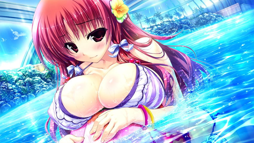 ball beachball bikini breasts cleavage dutch_angle flower hair_flower hair_ornament huge_breasts imageboard_sample long_hair pool prism_recollection! red_eyes red_hair renjou_sayaka shintarou solo swimsuit water