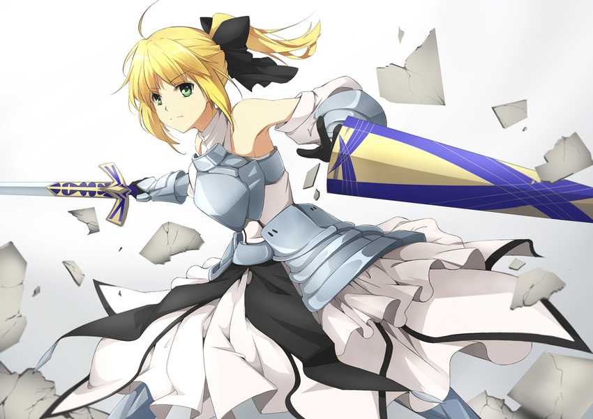 ahoge armor armored_dress artoria_pendragon_(all) avalon_(fate/stay_night) bare_shoulders blonde_hair bow caliburn detached_sleeves dress ello fate/stay_night fate/unlimited_codes fate_(series) gauntlets green_eyes hair_bow ponytail saber saber_lily sheath solo sword weapon