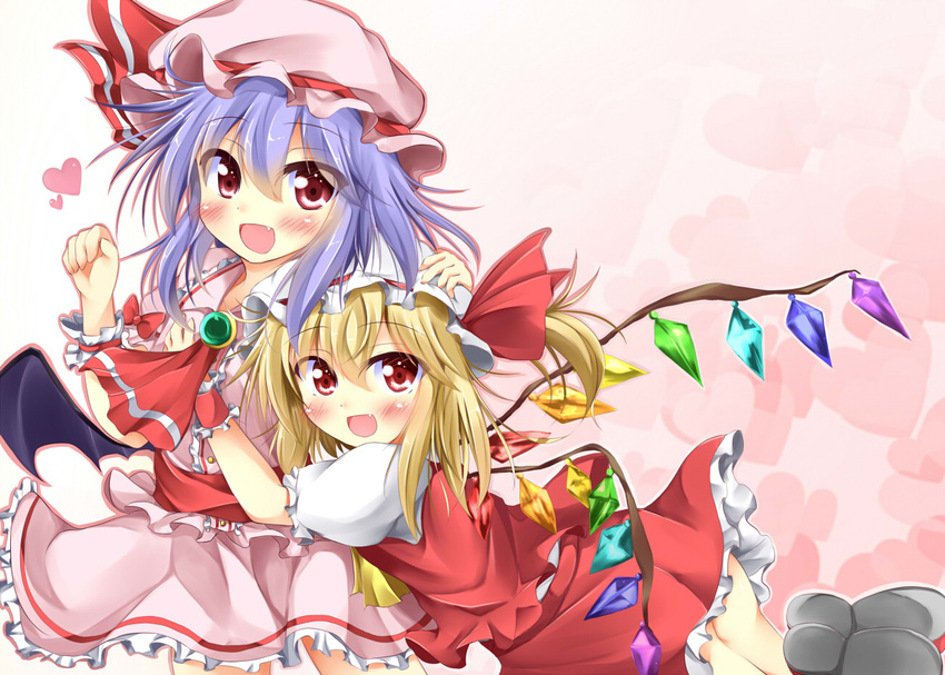 :d bat_wings blonde_hair blue_hair fang flandre_scarlet hat hat_ribbon heart hug hug_from_behind kuzumomo mob_cap multiple_girls open_mouth puffy_sleeves red_eyes remilia_scarlet ribbon shirt short_hair short_sleeves siblings side_ponytail sisters skirt skirt_set smile touhou vest wings