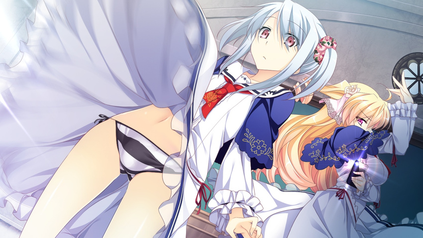 2girls arms_up blonde_hair blue_hair breasts cellphone dress dress_lift drill_hair game_cg girls_be_ambitious! highres large_breasts legs long_hair looking_down misasagi_elena multiple_girls navel necktie panties phone pink_eyes school_uniform short_hair small_breasts standing striped striped_panties thighs twintails underwear