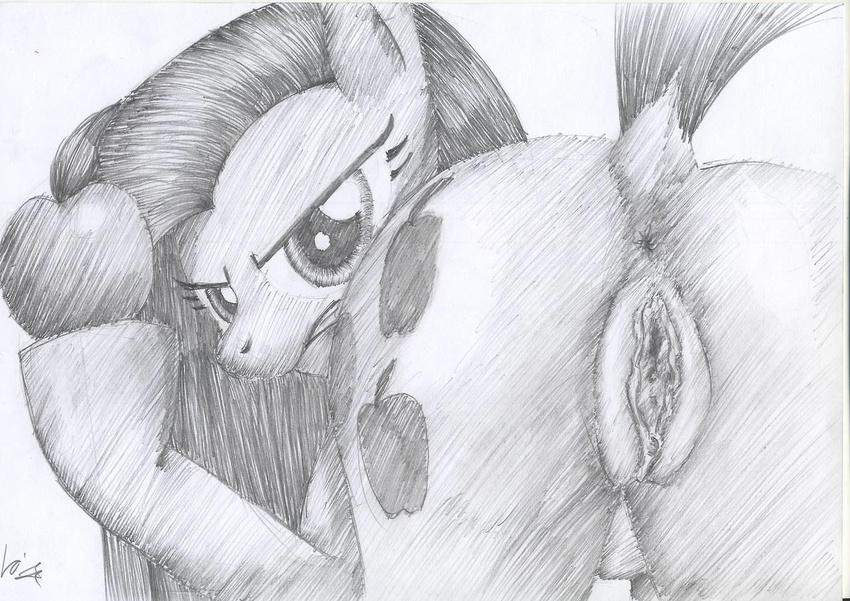 anus apple cutie_mark equine female feral friendship_is_magic fruit horse looking_at_viewer looking_back mammal monochrome my_little_pony pinkamena_(mlp) pinkie_pie_(mlp) pony pussy solo traditional_media varijani