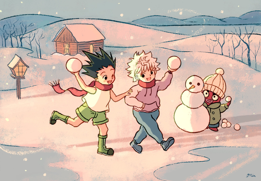 2boys bare_tree birdhouse boots commentary_request gon_freecss green_boots green_shorts hand_on_another's_arm hat highres holding holding_snowball hunter_x_hunter ikalgo killua_zoldyck mini_penguinko multiple_boys octopus one_eye_closed open_mouth red_scarf scarf shorts smile snow snowball snowman tree white_hair winter