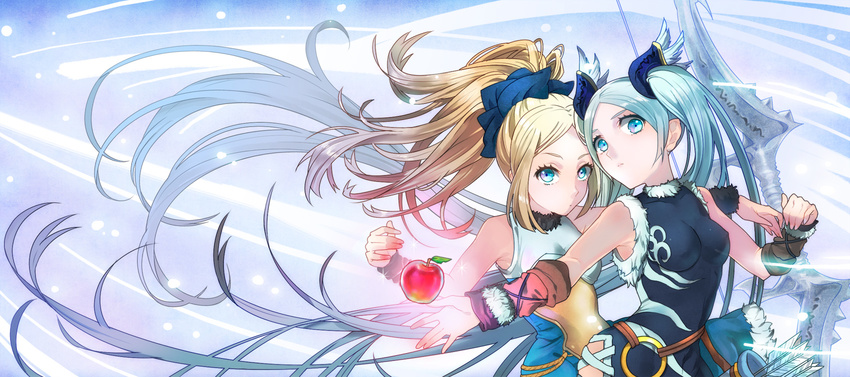 apple arrow blonde_hair blue_eyes blue_hair bow bow_(weapon) food fruit hair_bow highres idunn_&amp;_idunna long_hair multiple_girls ponytail puzzle_&amp;_dragons quiver scrunchie siblings sisters tatsuki_(pizza_no_tempra) twintails very_long_hair weapon
