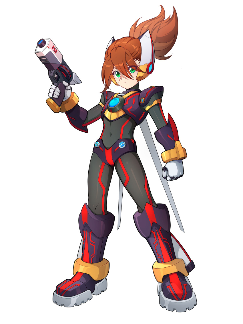 1boy absurdres adapted_costume armor armored_boots axl_(mega_man) body_armor bodysuit boots chest_jewel codpiece commission commissioner_upload covered_navel energy_gun full_body gauntlets gloves gun handgun highres long_bangs long_hair mechanical_ears mechanical_wings mega_man_(series) mega_man_x_(series) mega_man_zero_(series) missing_headwear non-web_source ponytail scar scar_on_face shoulder_armor transparent_background uta_guipiy weapon wings