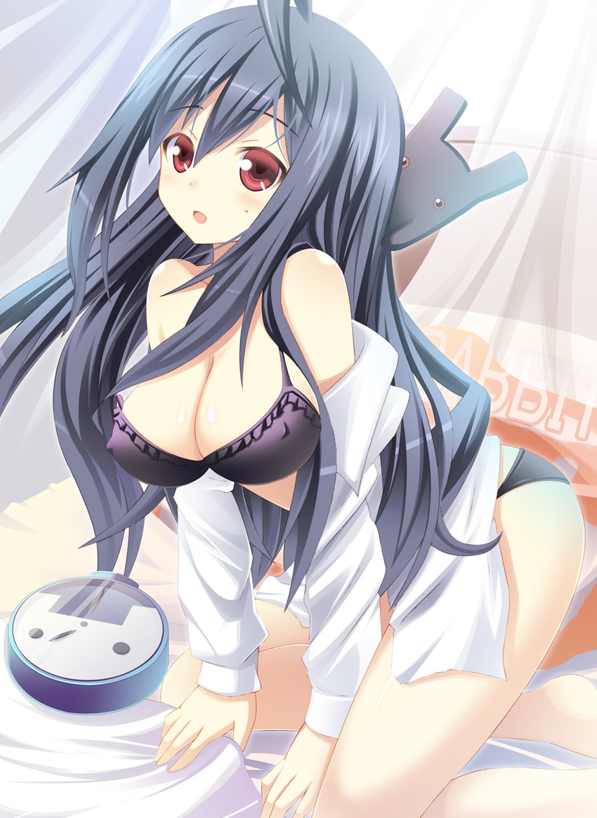 blush bra breasts cleavage clock covered_nipples highres large_breasts long_hair open_mouth original purple_bra red_eyes smile solo underwear usaginezumi very_long_hair