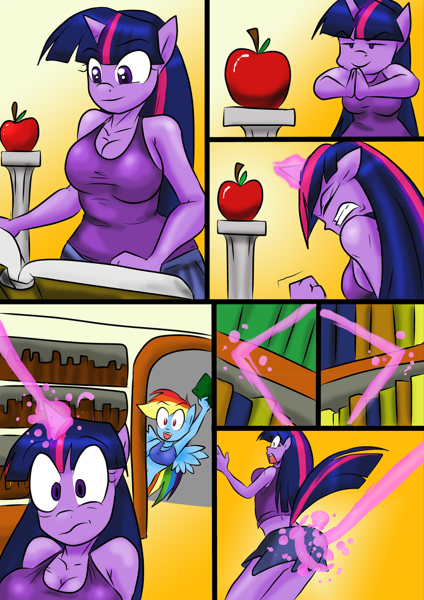 absurd_res anthro anthrofied apple blue_fur book bra clothing comic duo equine eyes_closed female friendship_is_magic fruit fur hair hi_res horn horse inside library long_hair magic mammal multi-colored_hair my_little_pony pegasus pony purple_eyes purple_fur purple_hair rainbow_dash_(mlp) rainbow_hair twilight_sparkle_(mlp) underwear unicorn vale-city wings
