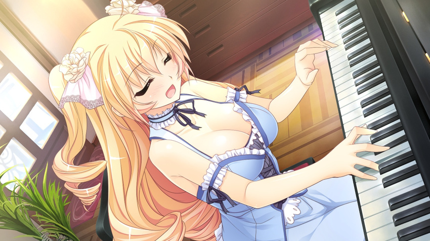 1girl bare_shoulders blonde_hair blush breasts chair cleavage dress drill_hair eyes_closed game_cg girls_be_ambitious! hair_ornament highres instrument large_breasts long_hair misasagi_elena open_mouth piano playing sitting smile solo tongue