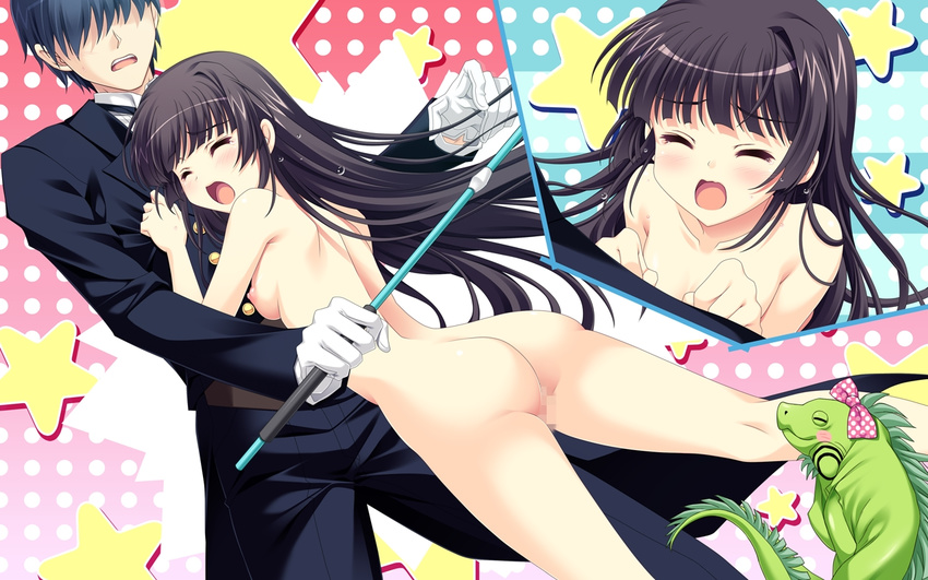 1girl ankoromochi ass black_hair blush breasts censored clothed_male_nude_female eyes_closed game_cg gloves iguana_(animal) katsuranomiya_saya long_hair nude ribbon shitsuji_ga_aruji_wo_erabu_toki tail