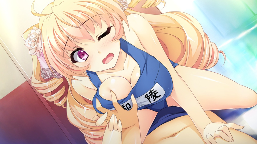 1girl bare_shoulders blonde_hair blush breast_grab breasts cleavage drill_hair game_cg girl_on_top girls_be_ambitious! grabbing highres large_breasts legs long_hair lying misasagi_elena pink_eyes sitting sitting_on_person swimsuit thighs wince