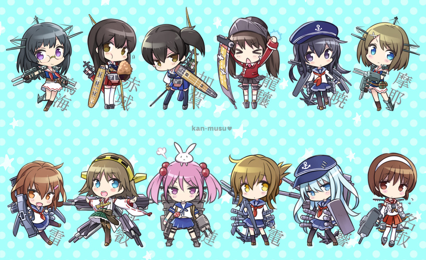 &gt;_&lt; akagi_(kantai_collection) akatsuki_(kantai_collection) black_eyes black_hair blue_eyes bow_(weapon) brown_eyes brown_hair bunny character_name chibi chopsticks choukai_(kantai_collection) closed_eyes eating fang folded_ponytail glasses hair_ornament hairband hat headgear hibiki_(kantai_collection) hiei_(kantai_collection) highres ikazuchi_(kantai_collection) inazuma_(kantai_collection) japanese_clothes kaga_(kantai_collection) kantai_collection long_hair maya_(kantai_collection) multiple_girls muneate natori_(kantai_collection) ninomoto open_mouth pantyhose pink_hair polka_dot polka_dot_background purple_eyes ryuujou_(kantai_collection) sazanami_(kantai_collection) school_uniform serafuku short_hair side_ponytail smile thighhighs weapon white_hairband yellow_eyes