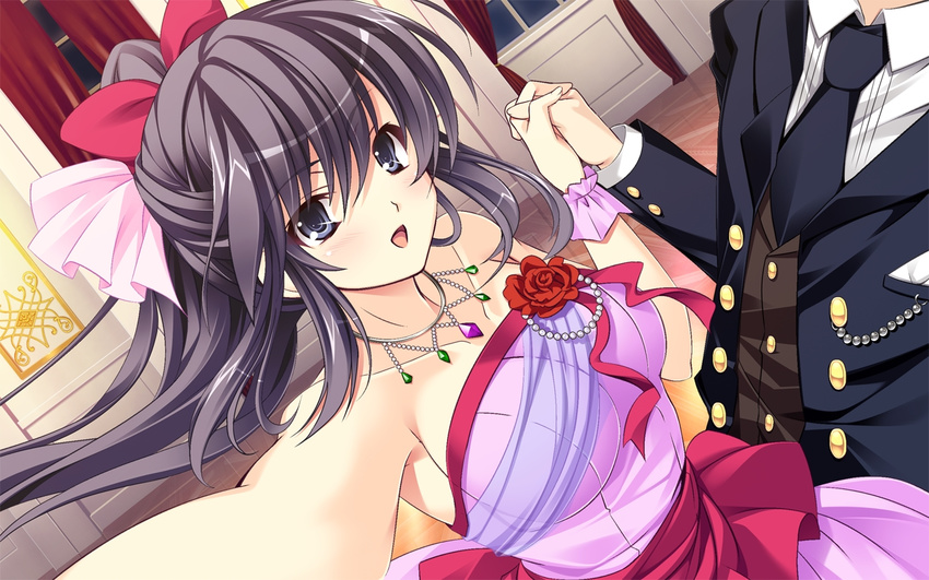 1girl ankoromochi blue_eyes dress female game_cg hair_ribbon jewelry long_hair maki_gold_winberg necklace purple_hair ribbon shitsuji_ga_aruji_wo_erabu_toki