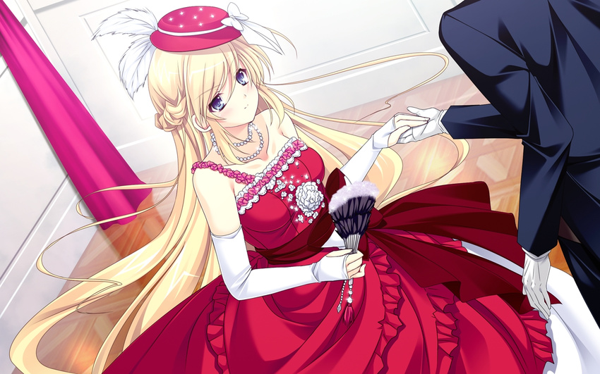 1girl amelia_rose_brettingham ankoromochi blonde_hair blue_eyes breasts dress fan game_cg gloves long_hair red_dress shitsuji_ga_aruji_wo_erabu_toki very_long_hair