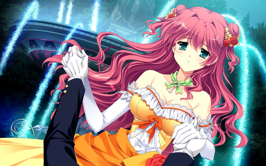 1girl ankoromochi blush bow breasts cleavage dress elbow_gloves fountain game_cg gloves green_eyes hair_ornament ichijouji_yura jewelry long_hair necklace pink_hair ribbon shitsuji_ga_aruji_wo_erabu_toki water