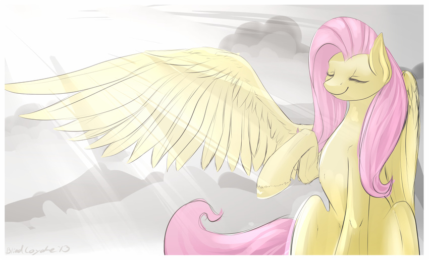blindcoyote equine eyes_closed female feral fluttershy_(mlp) friendship_is_magic fur hair horse long_hair mammal my_little_pony outside pegasus pink_hair pony sitting smile solo wings yellow_fur