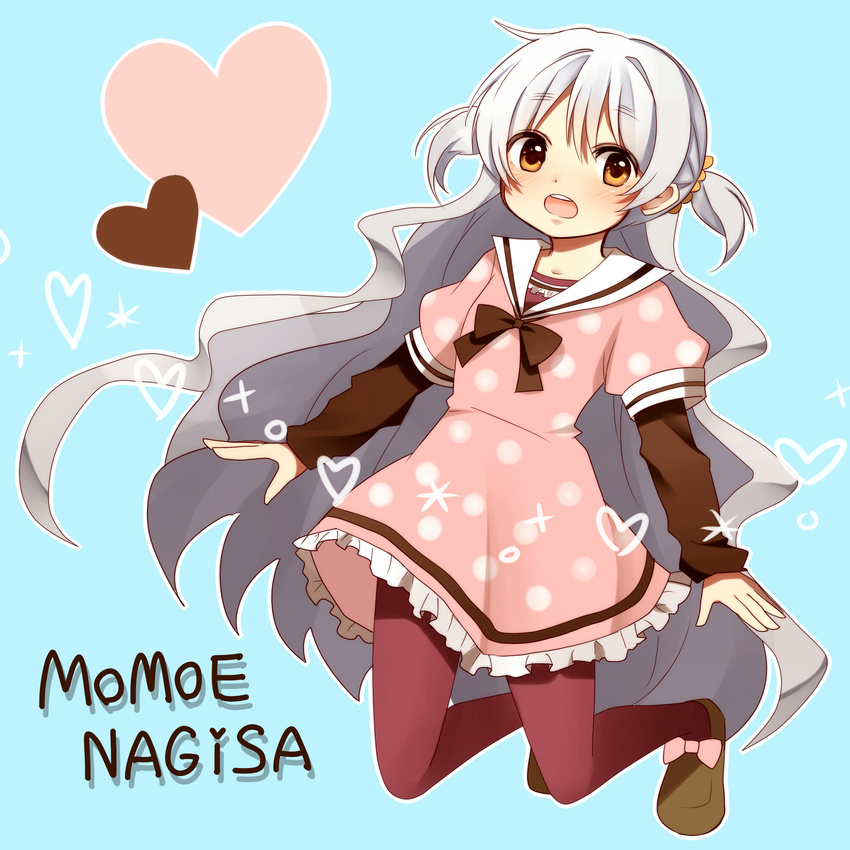 bad_id bad_pixiv_id blue_background character_name dress heart highres long_hair long_sleeves mahou_shoujo_madoka_magica mahou_shoujo_madoka_magica_movie momoe_nagisa open_mouth pantyhose polka_dot ribbon silver_hair solo sparkle two_side_up yellow_eyes yuragiyura