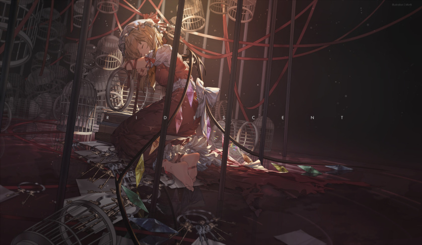 1girl ascot barefoot blonde_hair blurry blurry_background cage crystal dark depth_of_field english eyes_closed feet flandre_scarlet full_body highres key keychain leaning_forward long_hair mivit on_floor puffy_short_sleeves puffy_sleeves red_ribbon red_skirt reflection ribbon sash shirt short_sleeves sitting skirt skirt_set soles solo toes torn_clothes torn_skirt touhou white_shirt wings yellow_neckwear