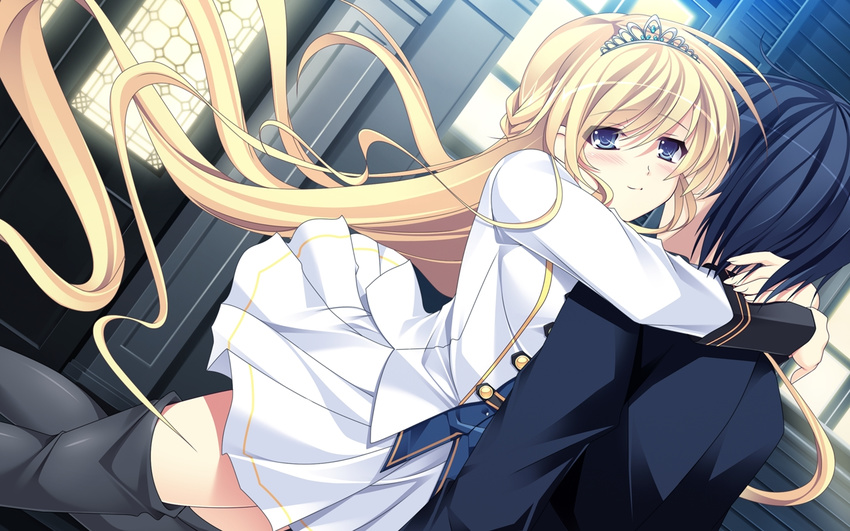 1girl amelia_rose_brettingham ankoromochi blonde_hair blue_eyes game_cg hug long_hair shitsuji_ga_aruji_wo_erabu_toki uniform very_long_hair